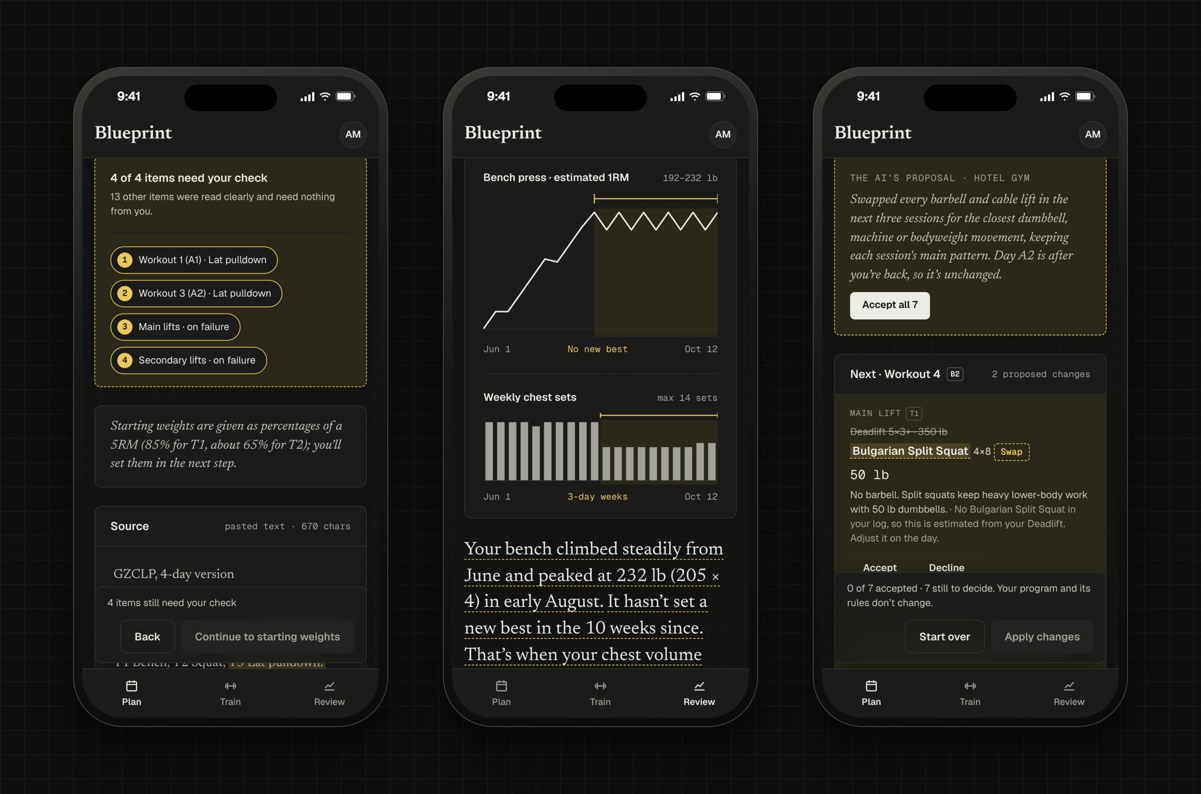Three phones: the import check with four numbered items needing review, an Ask answer with an estimated-1RM chart and weekly chest sets, and Bend the week's proposal swapping barbell lifts for dumbbell ones.