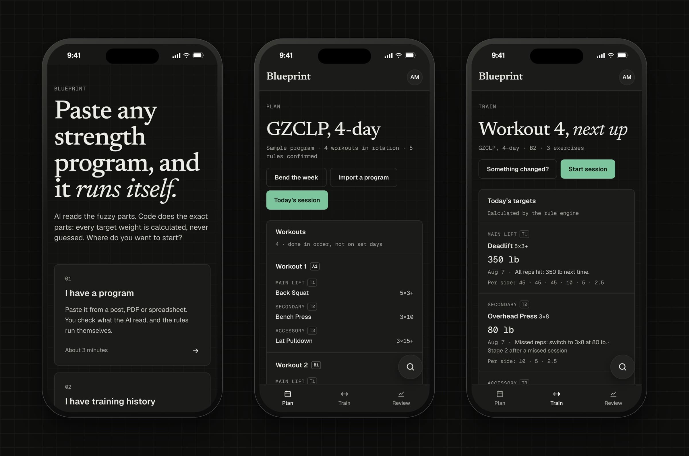 Three phones: the welcome screen with three ways to start, the Plan screen listing workouts with plain tier names, and Train showing today's targets.