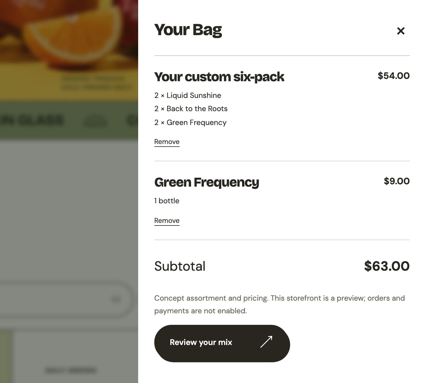 The bag panel listing a custom six-pack with two of each flavor at $54.00, a single Green Frequency bottle at $9.00 and a $63.00 subtotal.
