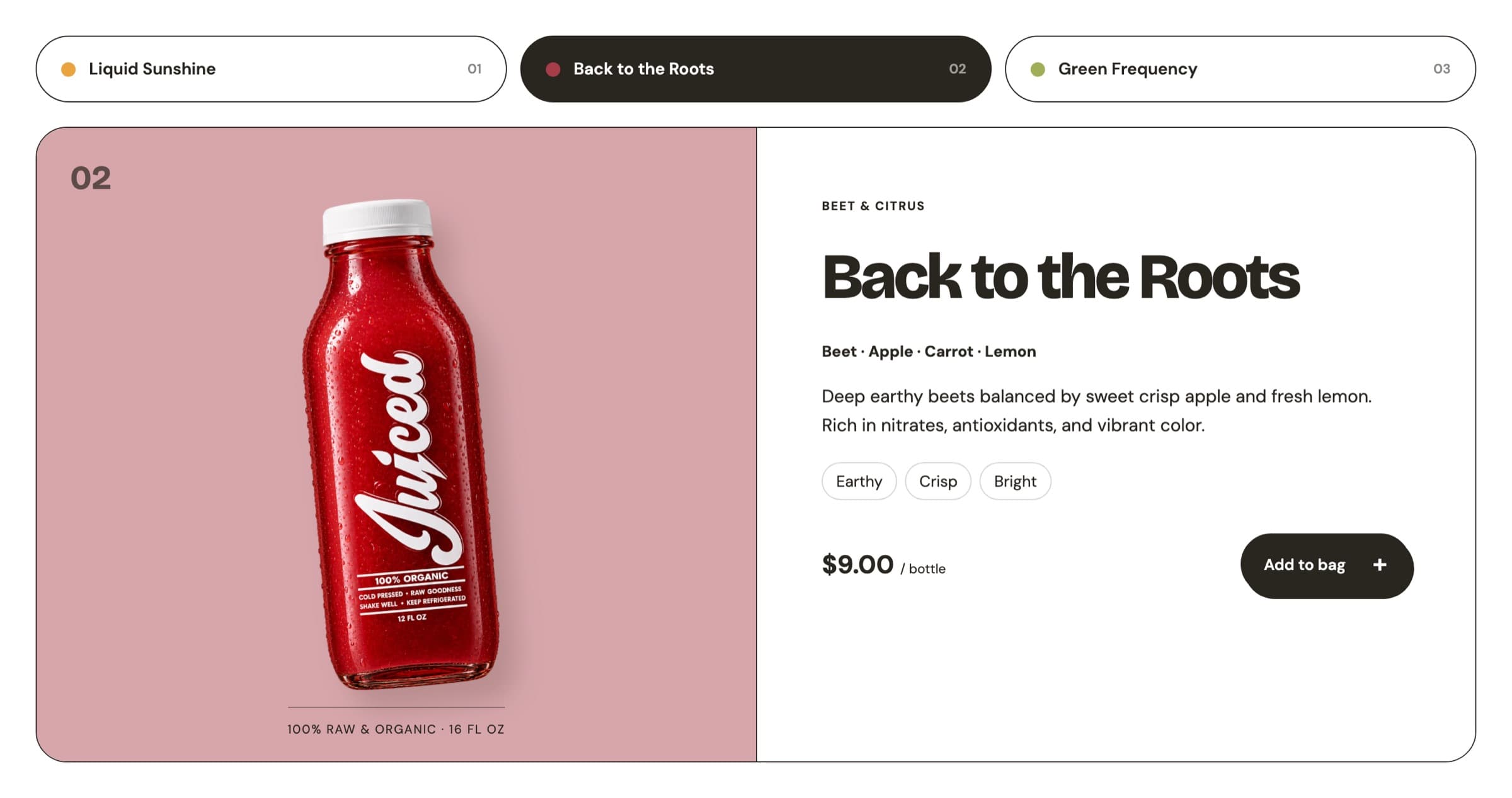 The flavor explorer with the Back to the Roots tab selected: a red bottle on a pink panel beside its ingredients, taste notes, a $9.00 price and an Add to bag button.