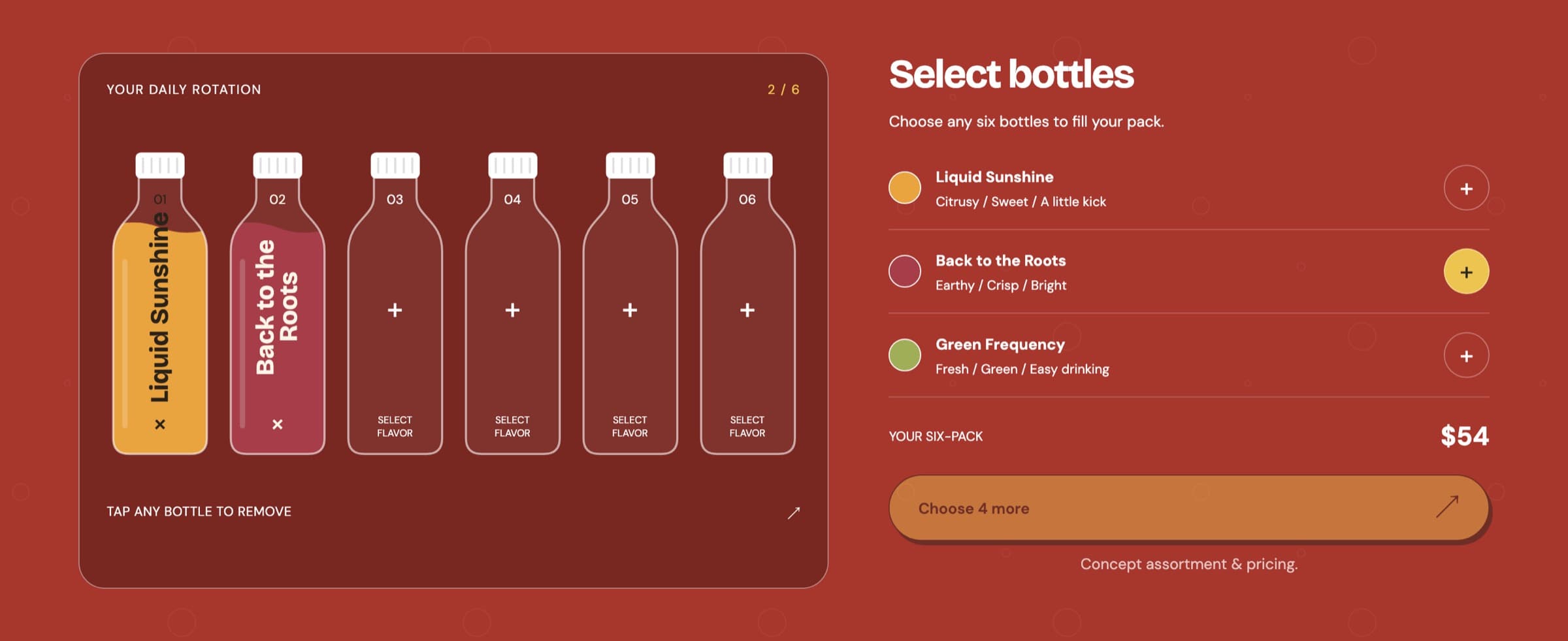 The six-pack builder with two of six bottles filled, orange and red, four empty slots marked Select flavor, flavor controls on the right and a button reading Choose 4 more.