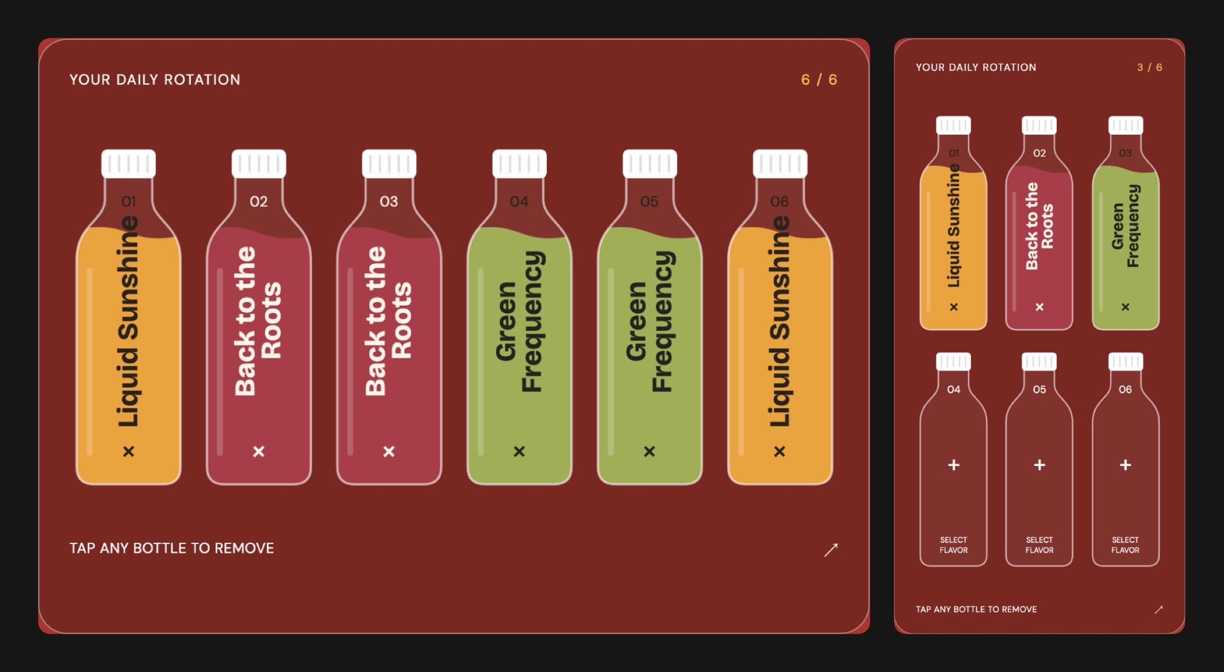 Left: a complete six-pack on desktop, each bottle filled and labelled with its flavor. Right: the phone layout, two rows of three with three bottles filled.