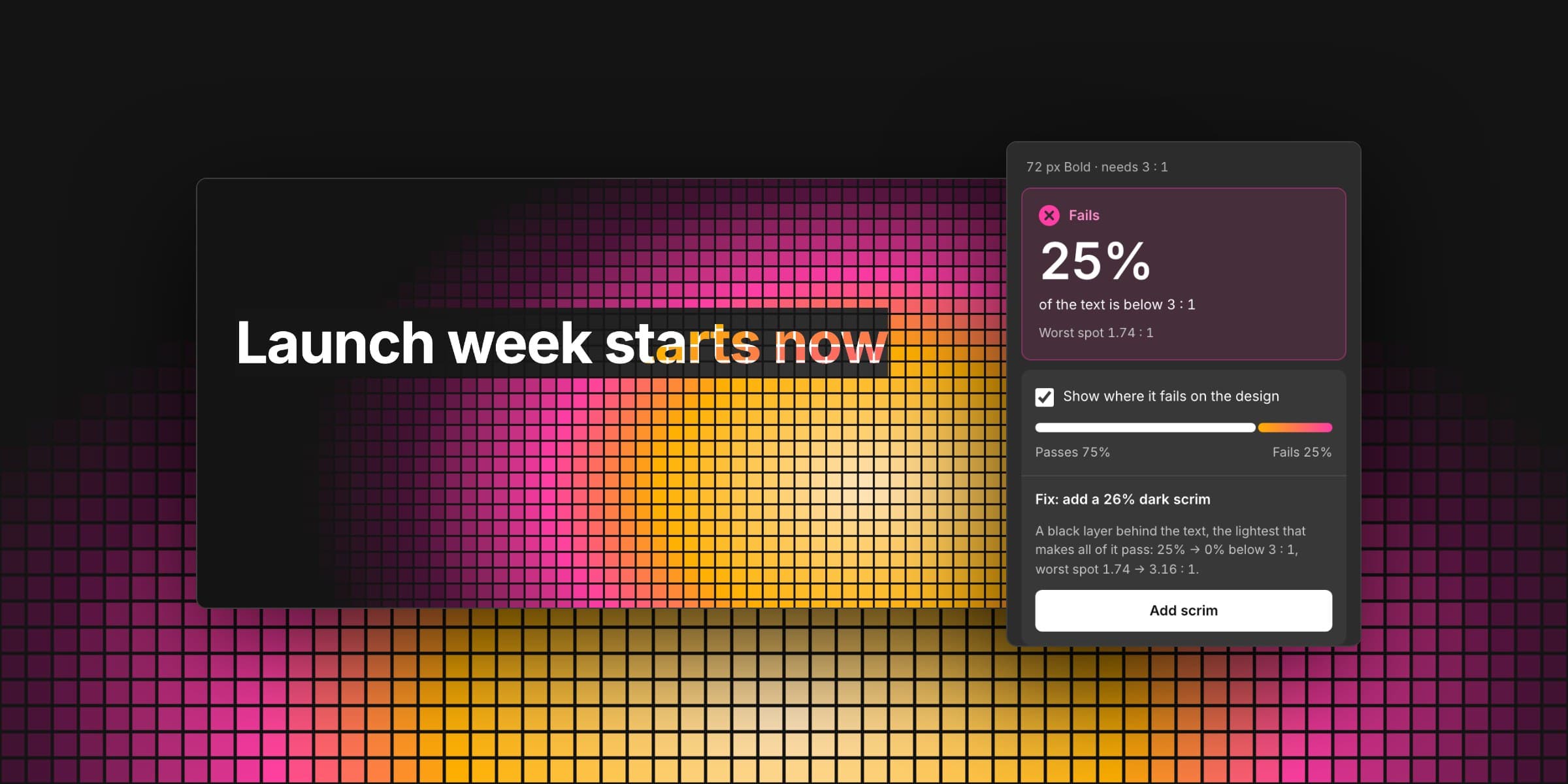 True Contrast at work: a dark banner reading “Launch week starts now” over a glowing pixel grid, its failing letters marked amber to magenta, beside the plugin panel showing 25% of the text below 3 : 1 and a suggested 26% dark scrim.